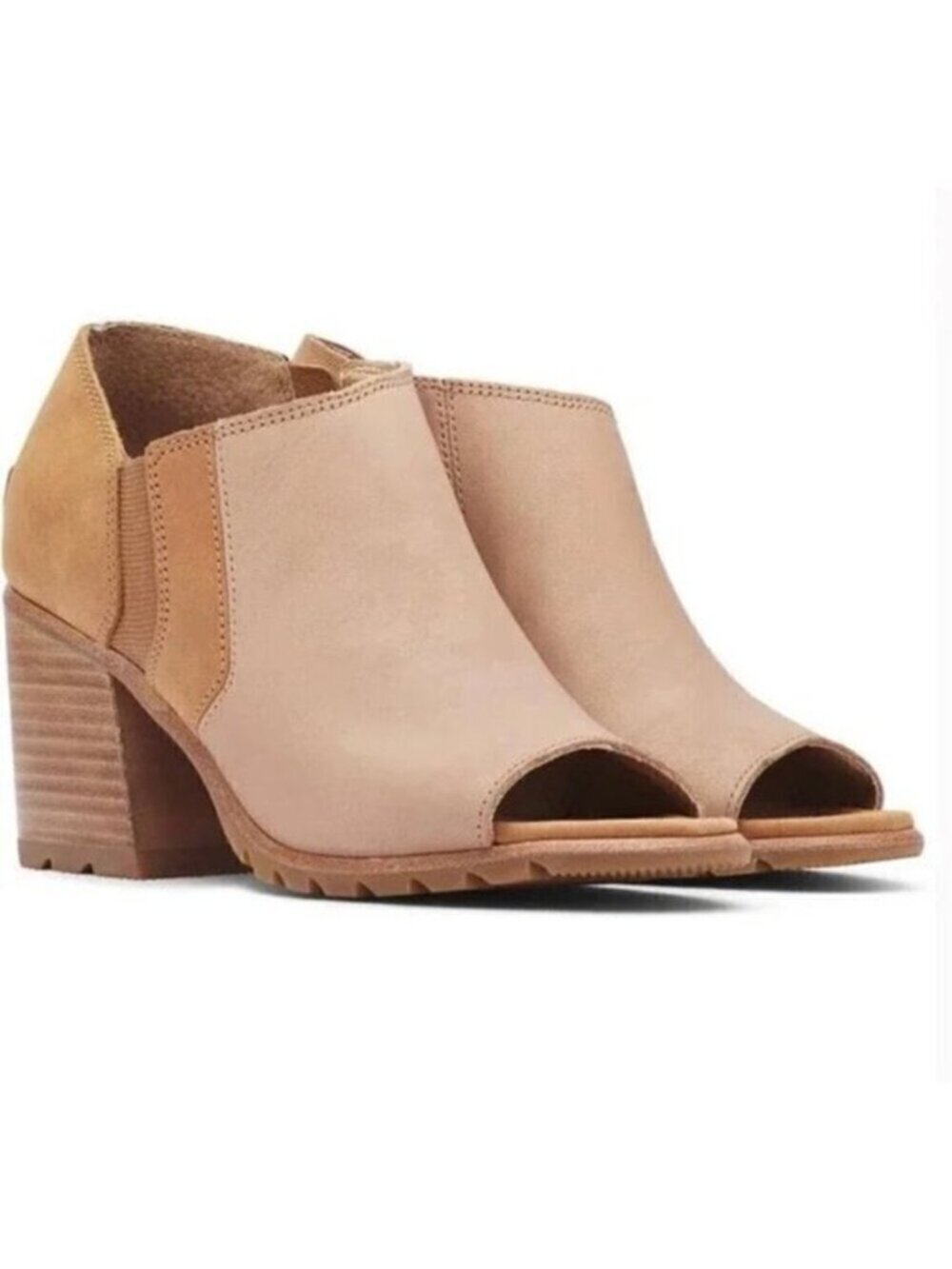Sorel Nadia Tan and Cream Leather Peep Toe Ankle Bootie